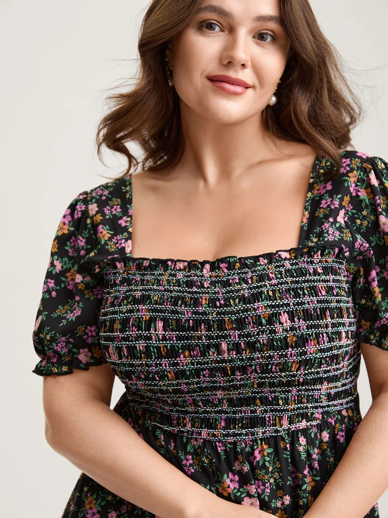 Floral Shirred Bodice Contrast Midi Dress