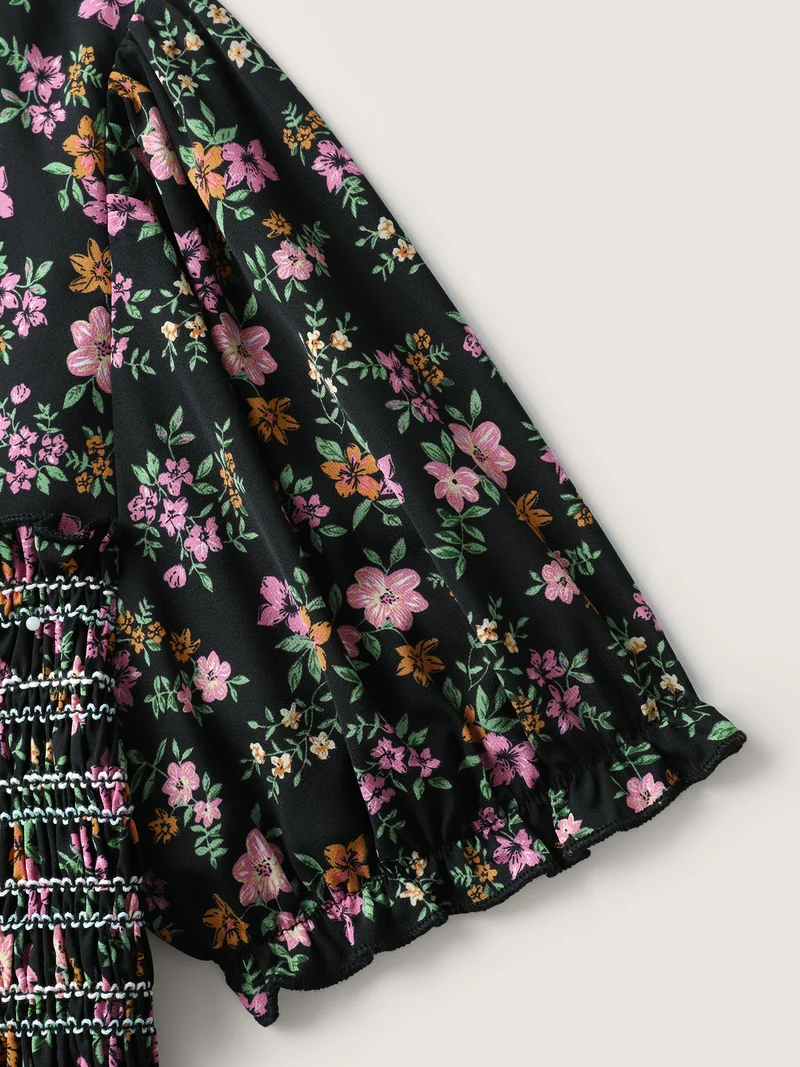 Floral Shirred Bodice Contrast Midi Dress