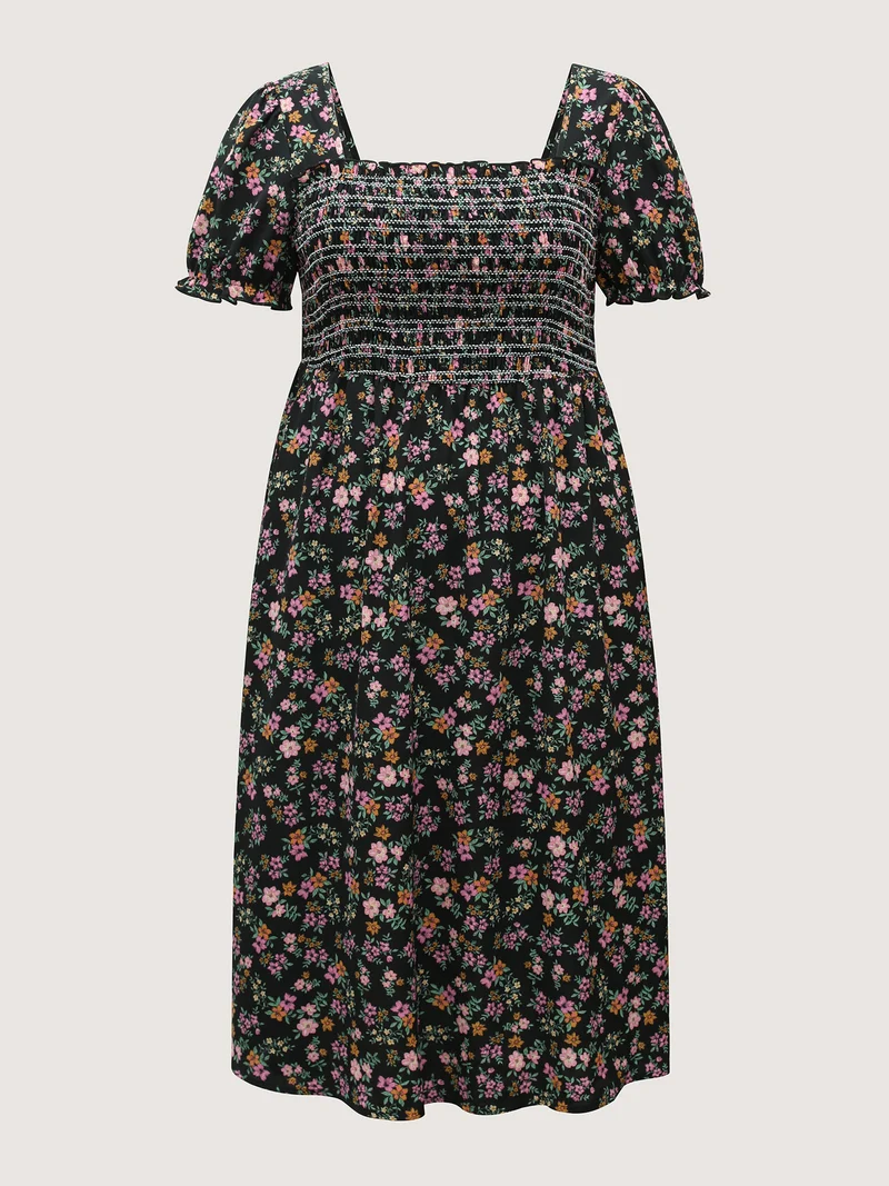 Floral Shirred Bodice Contrast Midi Dress