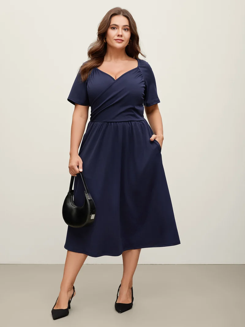 Stretchy Waist Overlap Pockets Midi Dress