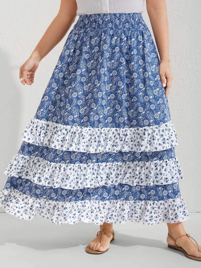 Floral Patchwork Tiered Maxi Skirt