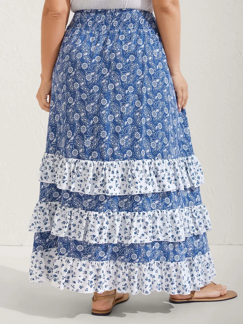 Floral Patchwork Tiered Maxi Skirt