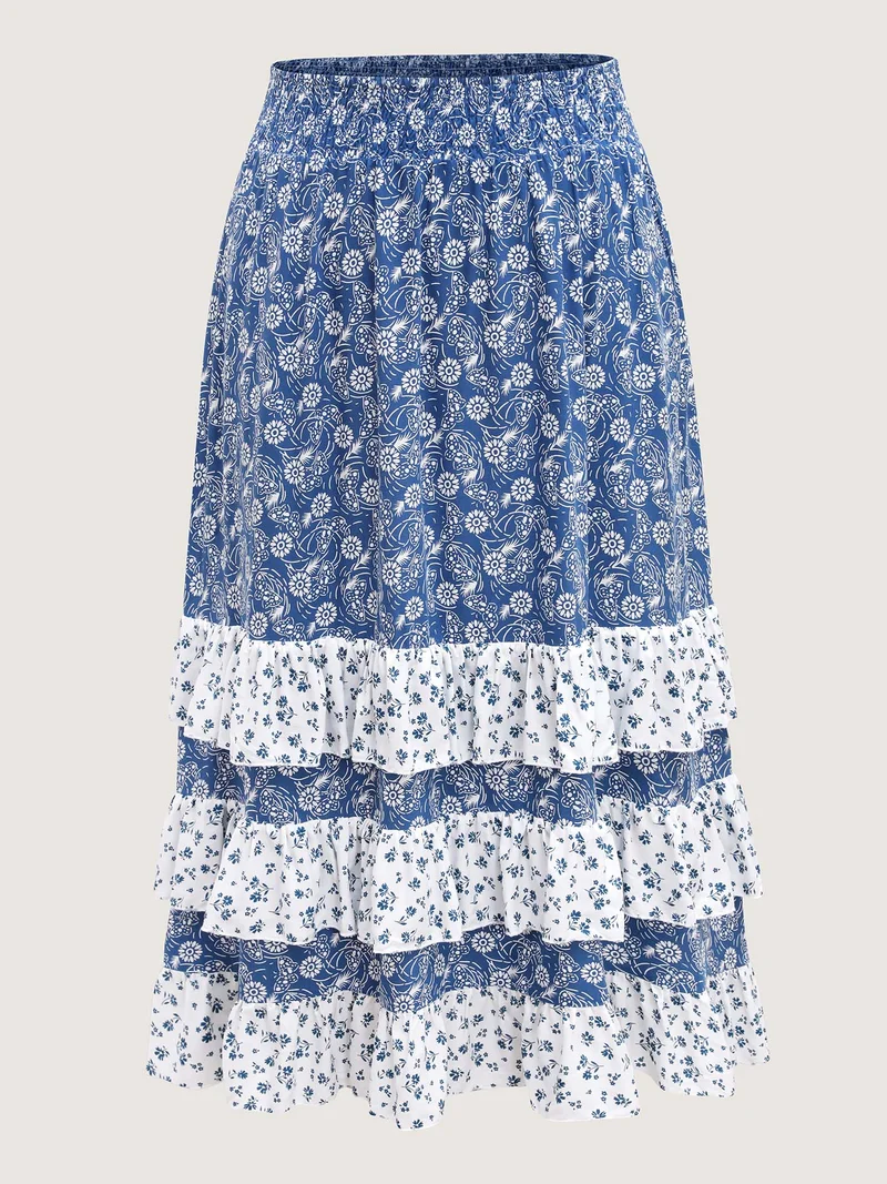 Floral Patchwork Tiered Maxi Skirt
