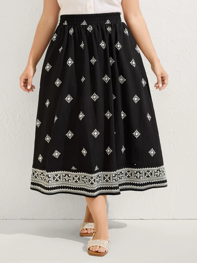 Boho Print Wide Waistband Maxi Skirt