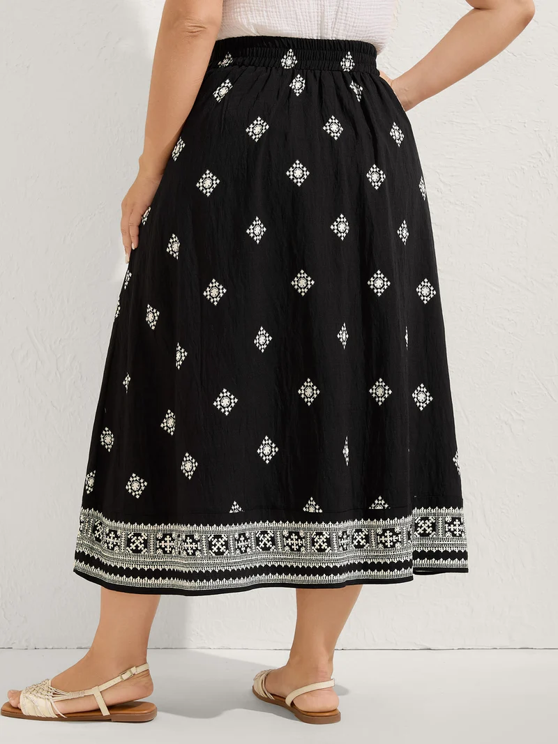 Boho Print Wide Waistband Maxi Skirt