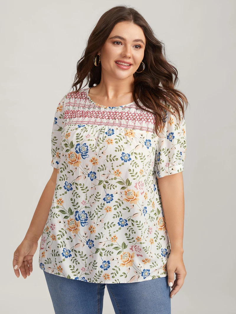 Floral Print Shirred Neck Blouse