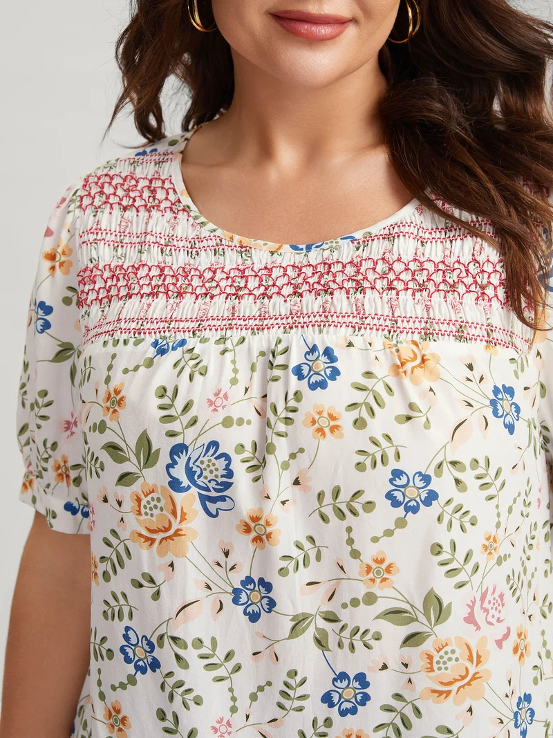 Floral Print Shirred Neck Blouse