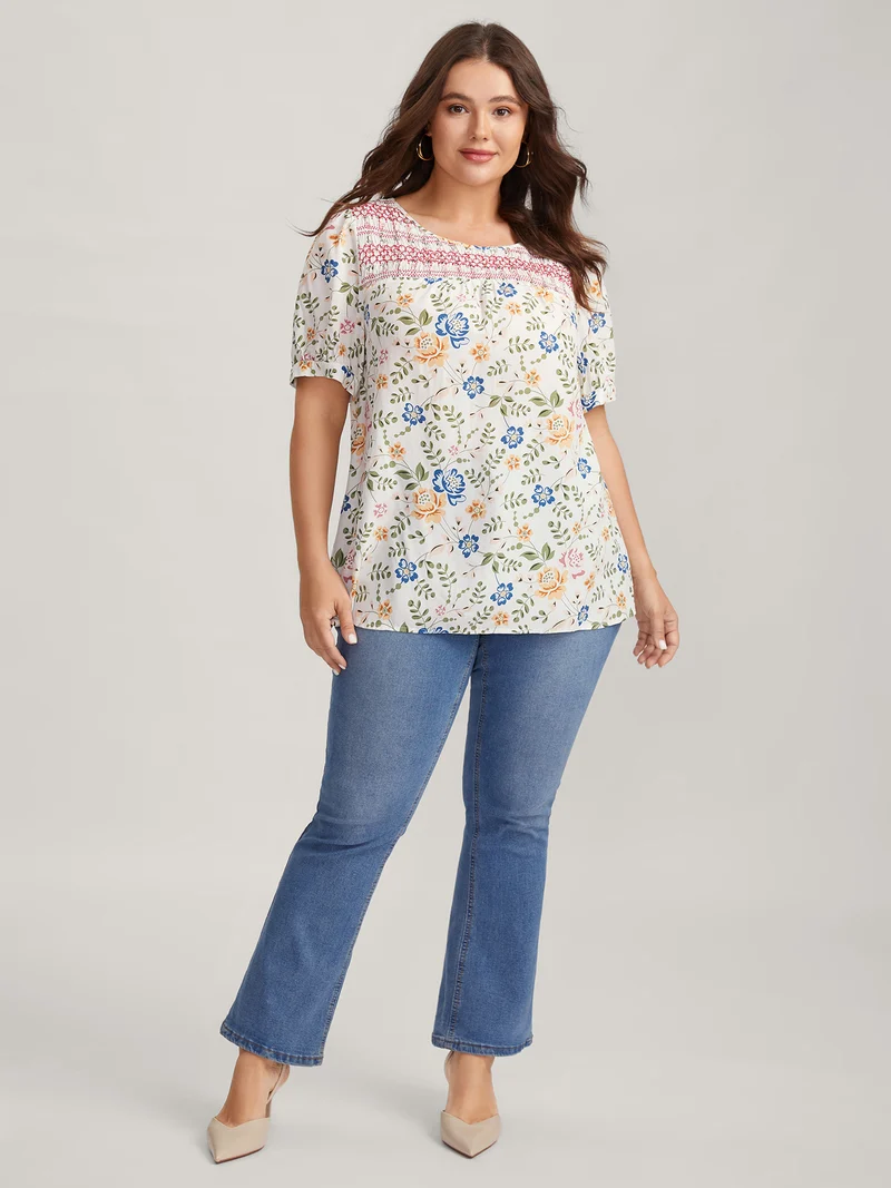 Floral Print Shirred Neck Blouse
