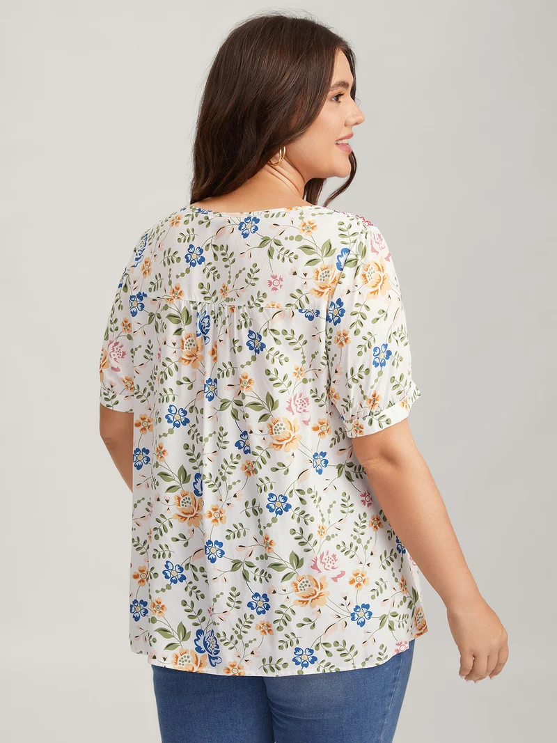 Floral Print Shirred Neck Blouse