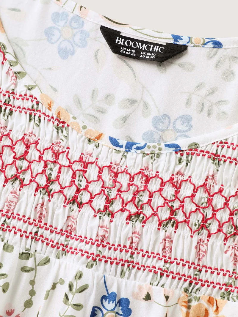 Floral Print Shirred Neck Blouse