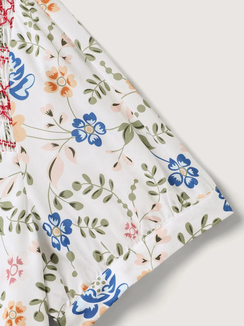 Floral Print Shirred Neck Blouse