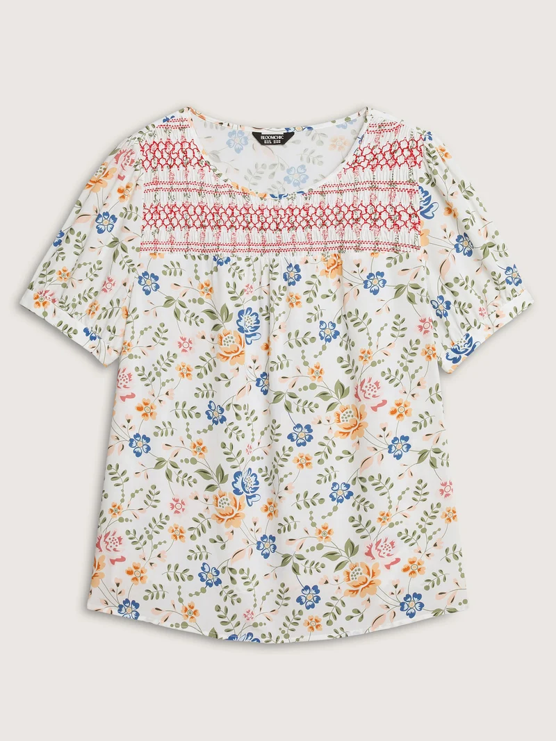 Floral Print Shirred Neck Blouse