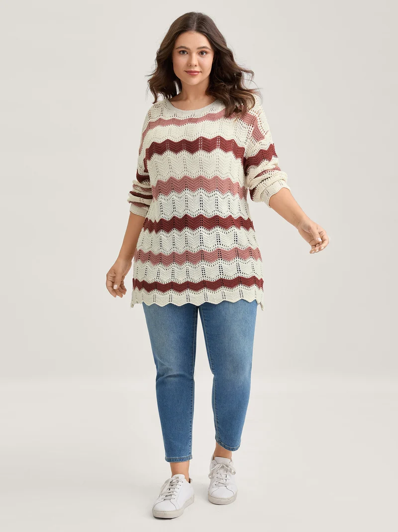 Wavy Textured Stripes Cut-Out Lightweight Pullover