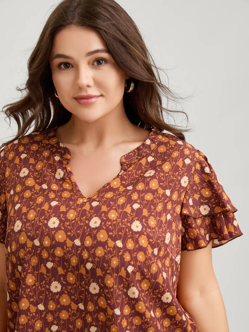 Floral Printed Layered Ruffled Sleeve Blouse