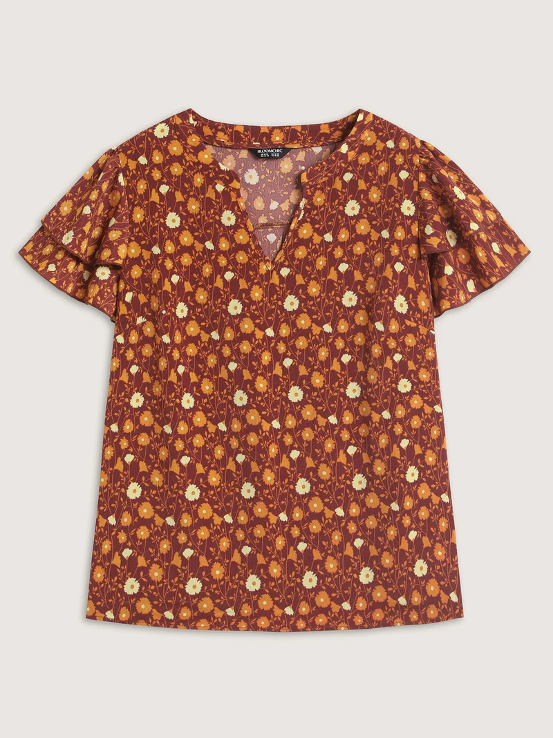 Floral Printed Layered Ruffled Sleeve Blouse