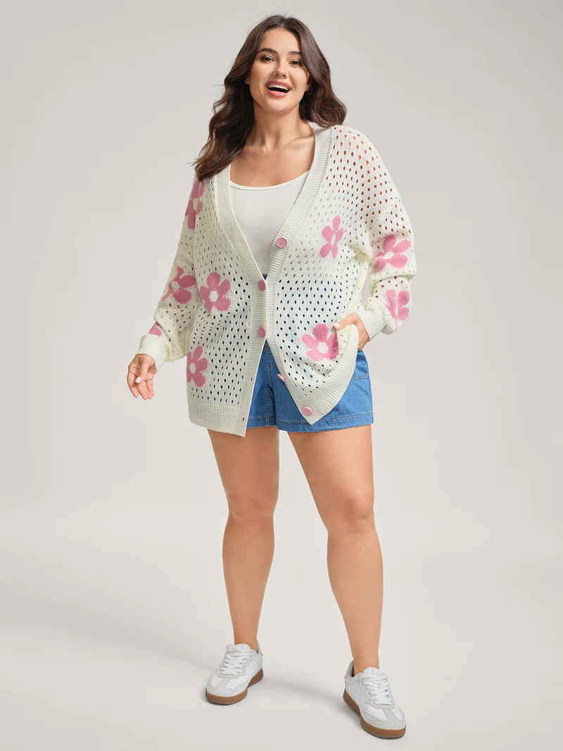 Floral Cut-Out Textured Knit Cardigan