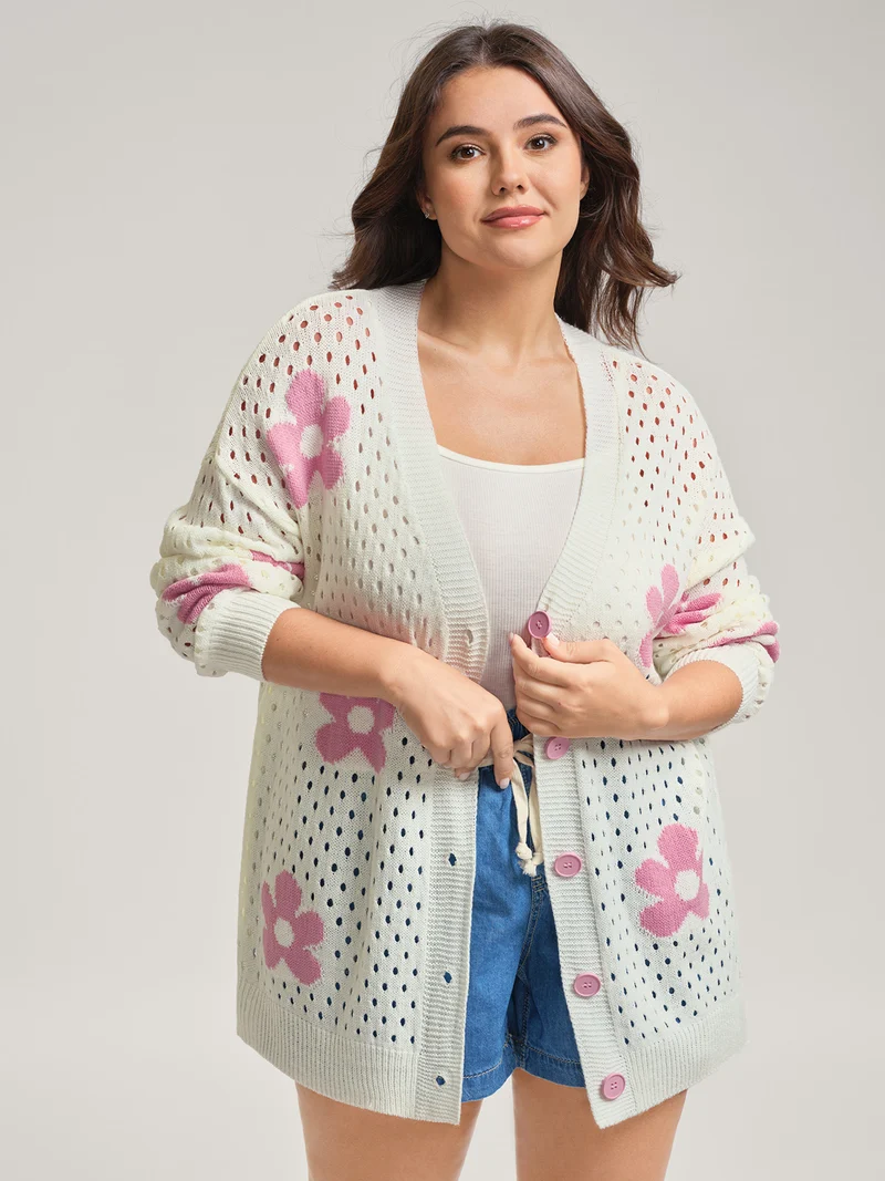 Floral Cut-Out Textured Knit Cardigan
