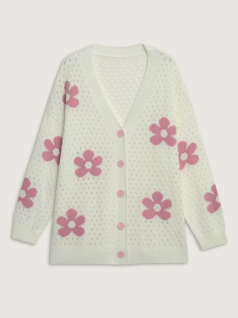 Floral Cut-Out Textured Knit Cardigan