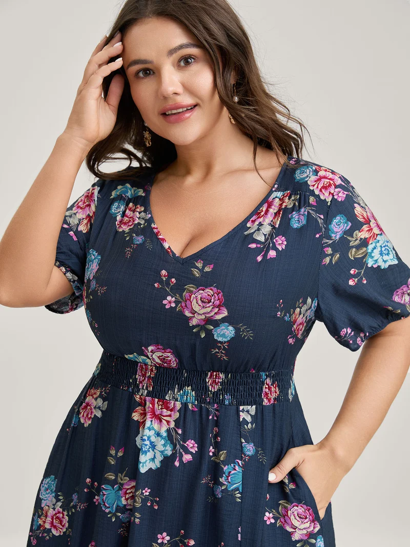 Floral Print Shirred Waist Slit Midi Dress