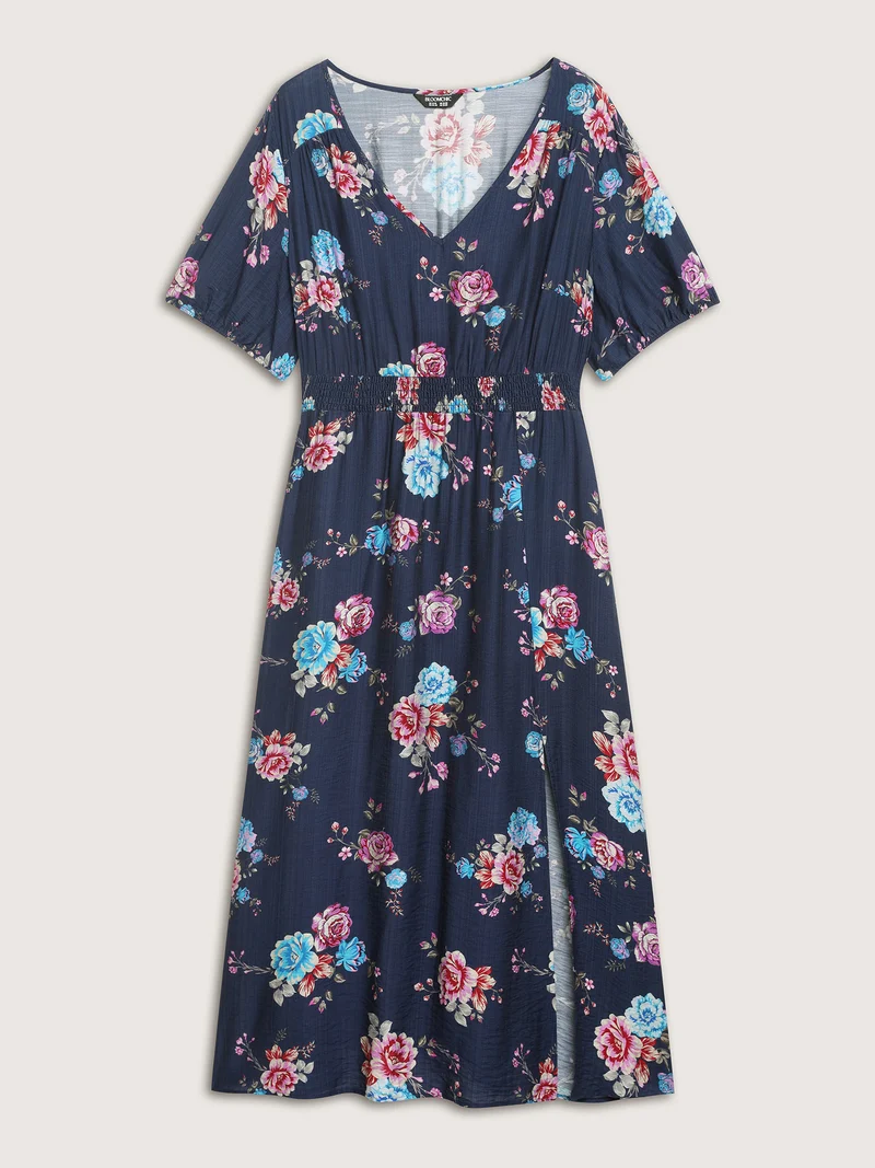 Floral Print Shirred Waist Slit Midi Dress