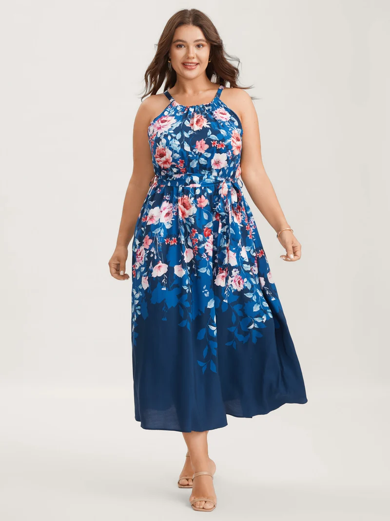Floral Stretchy-Waist Belted Midi Dress
