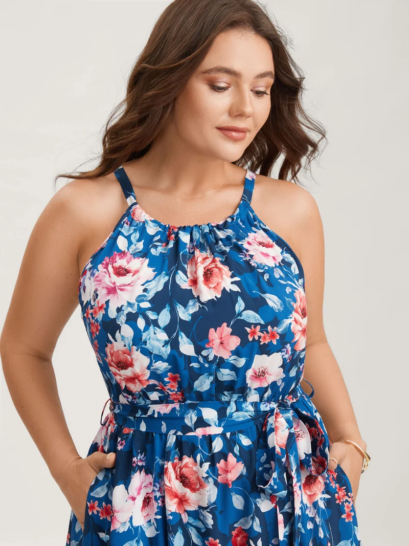 Floral Stretchy-Waist Belted Midi Dress