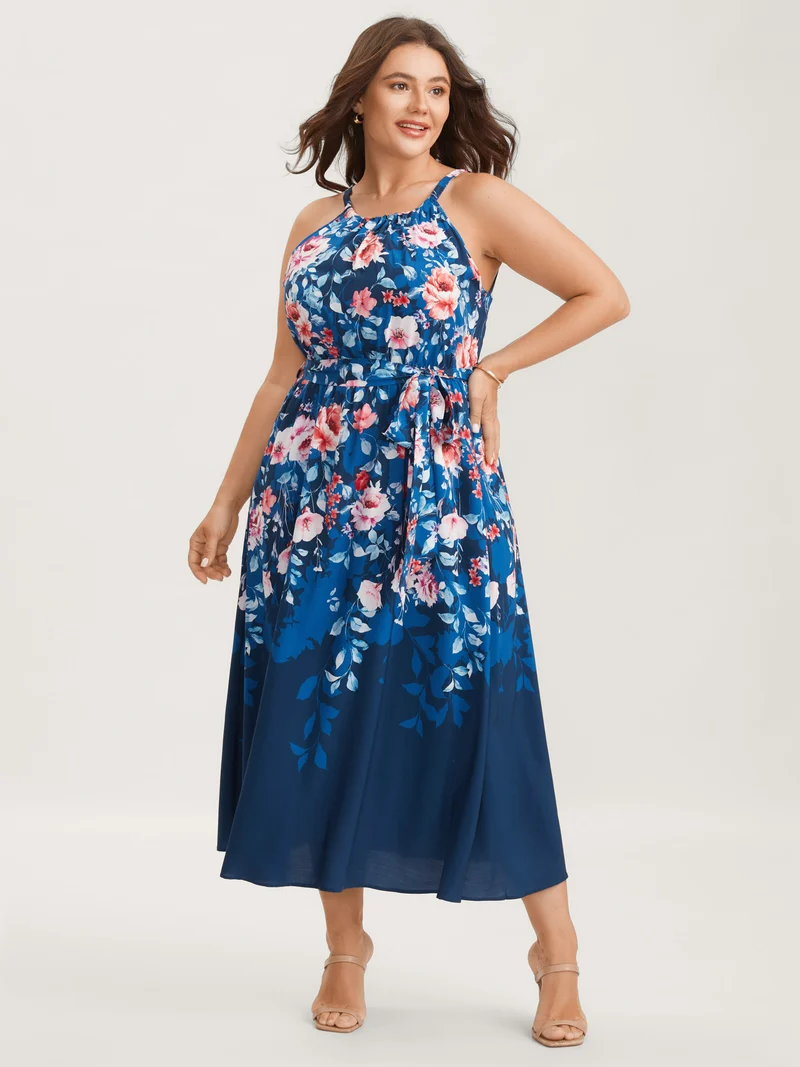 Floral Stretchy-Waist Belted Midi Dress