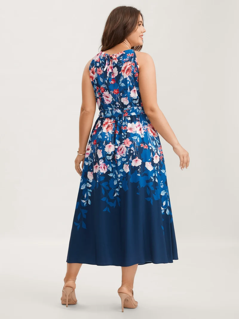 Floral Stretchy-Waist Belted Midi Dress