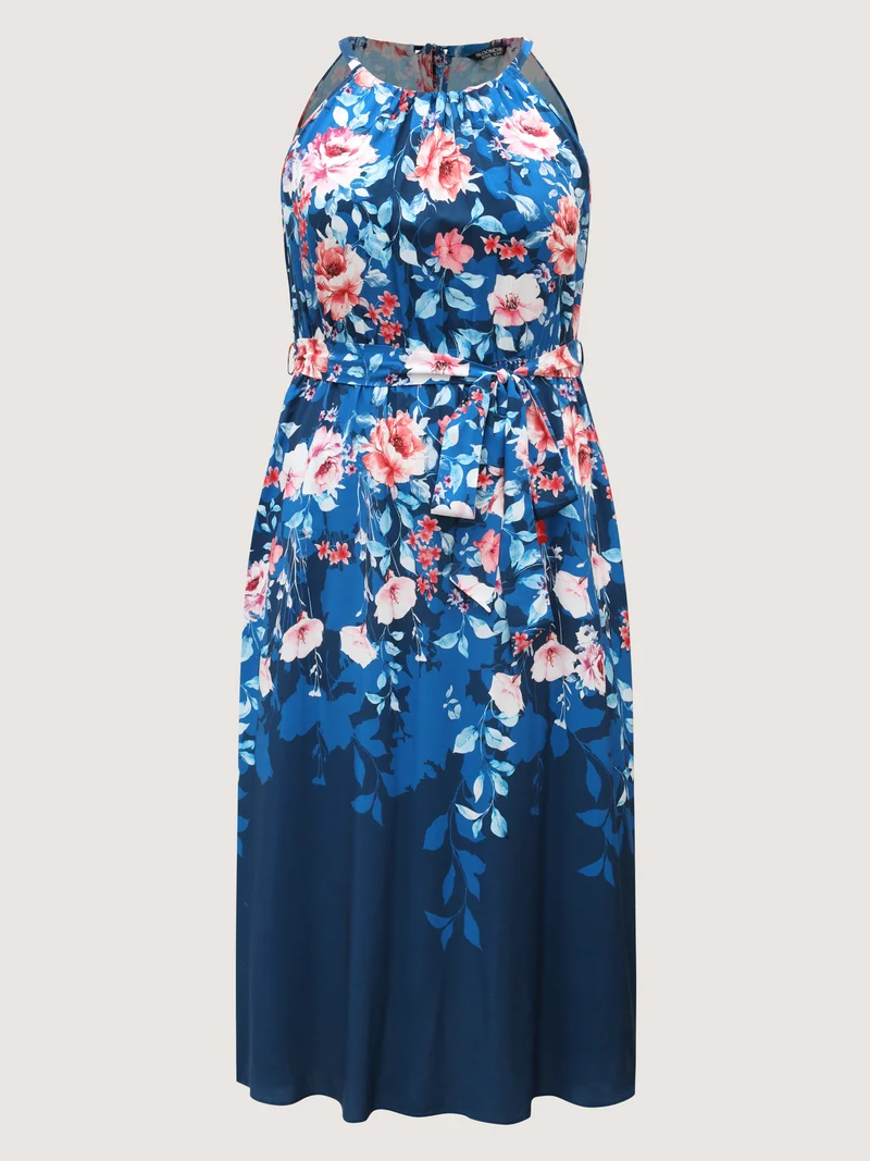 Floral Stretchy-Waist Belted Midi Dress