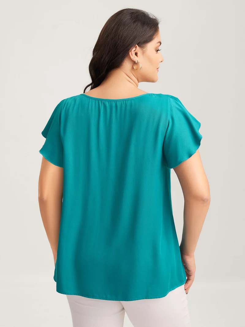Ruffled Neck Metal Cut-Out Blouse