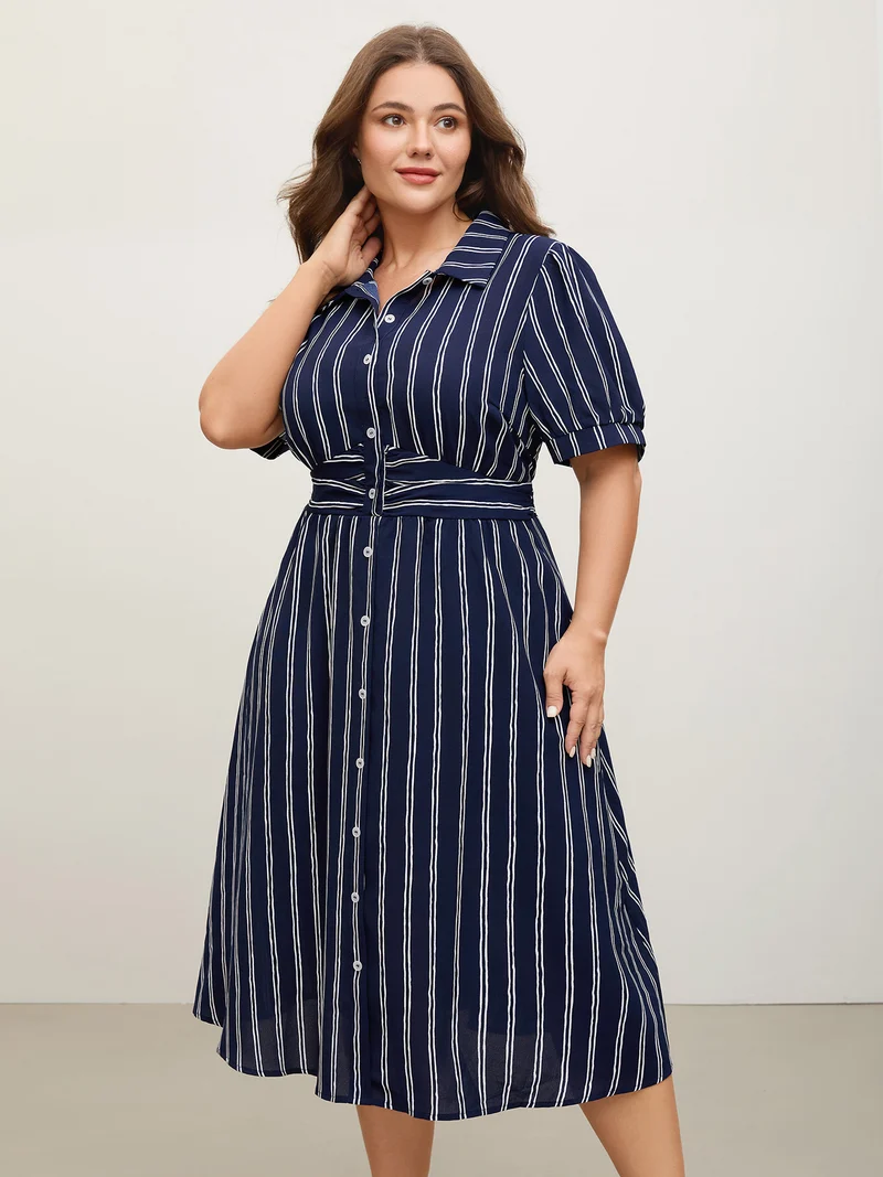 Striped Waist-Cinched Pockets Midi Dress