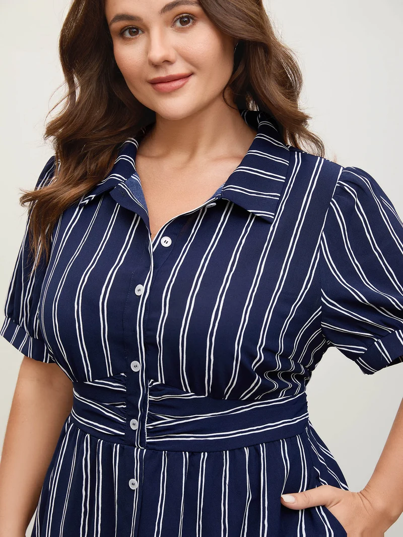 Striped Waist-Cinched Pockets Midi Dress
