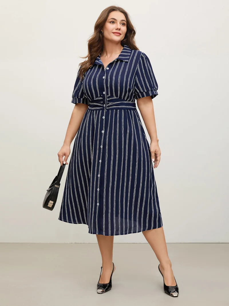 Striped Waist-Cinched Pockets Midi Dress