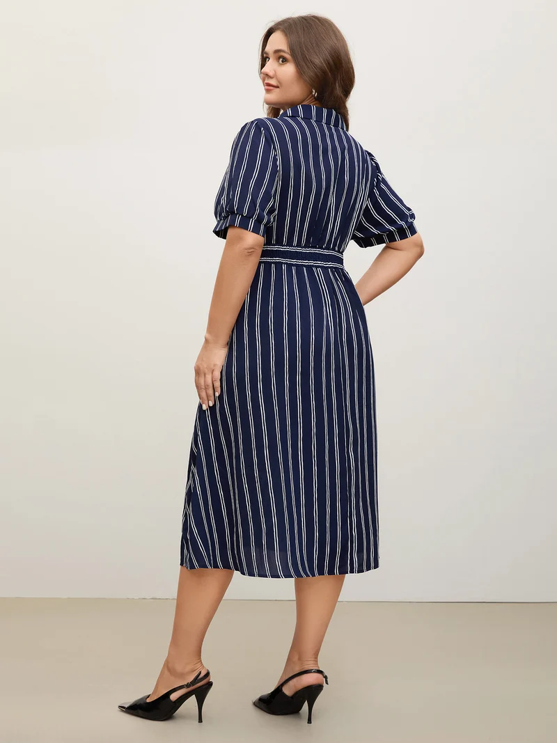 Striped Waist-Cinched Pockets Midi Dress