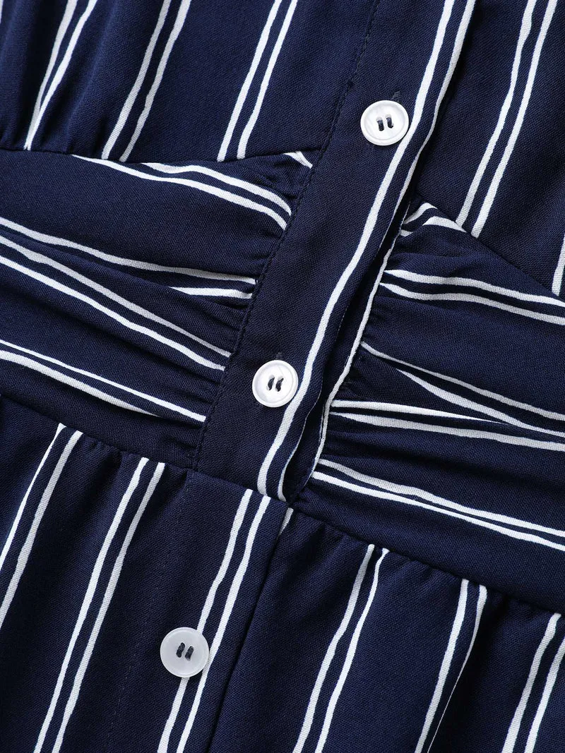 Striped Waist-Cinched Pockets Midi Dress