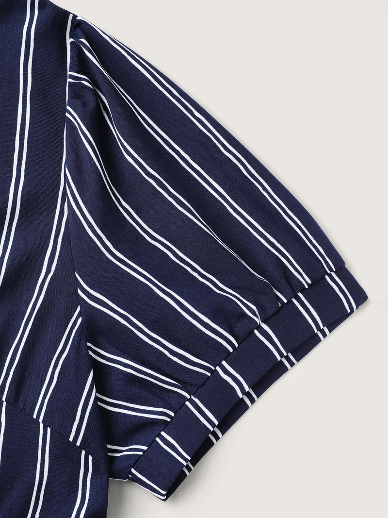 Striped Waist-Cinched Pockets Midi Dress