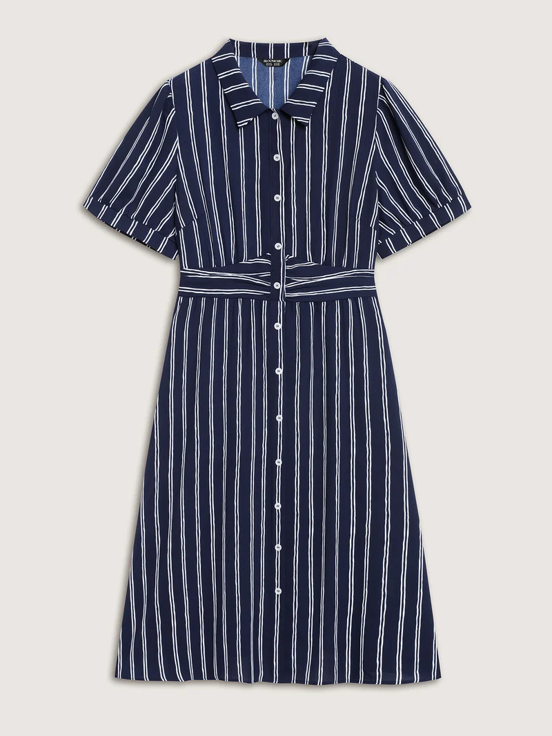 Striped Waist-Cinched Pockets Midi Dress