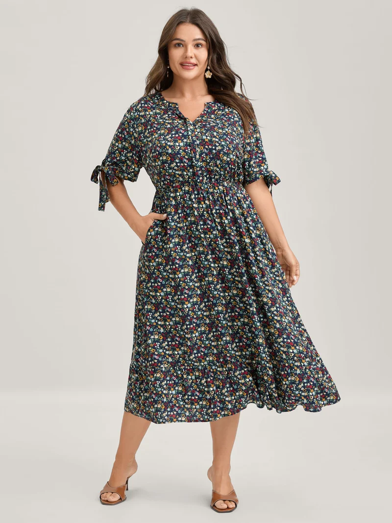 Supersoft Floral Print Pockets Notched Collar Midi Dress