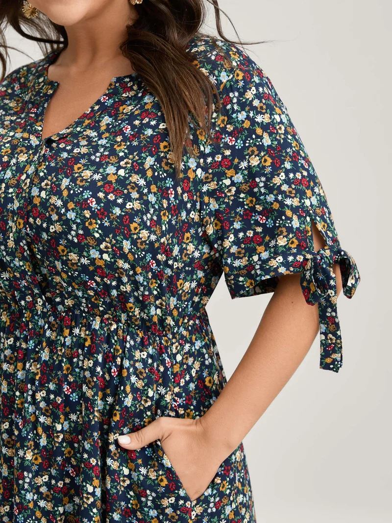Supersoft Floral Print Pockets Notched Collar Midi Dress