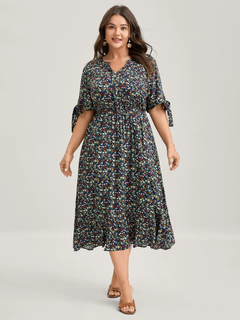 Supersoft Floral Print Pockets Notched Collar Midi Dress