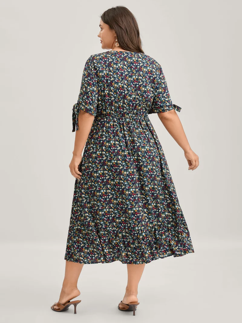 Supersoft Floral Print Pockets Notched Collar Midi Dress