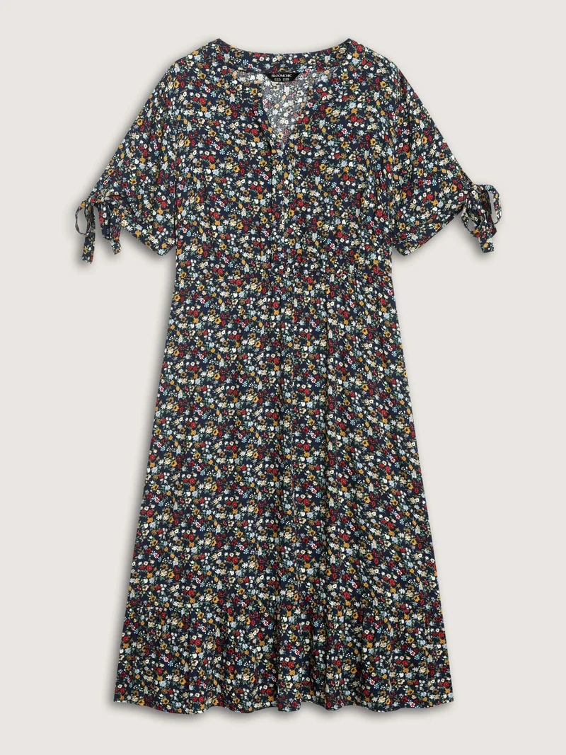 Supersoft Floral Print Pockets Notched Collar Midi Dress