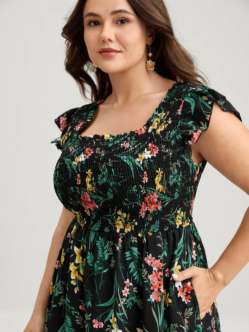 Botanical Print Shirred Bodice Midi Dress