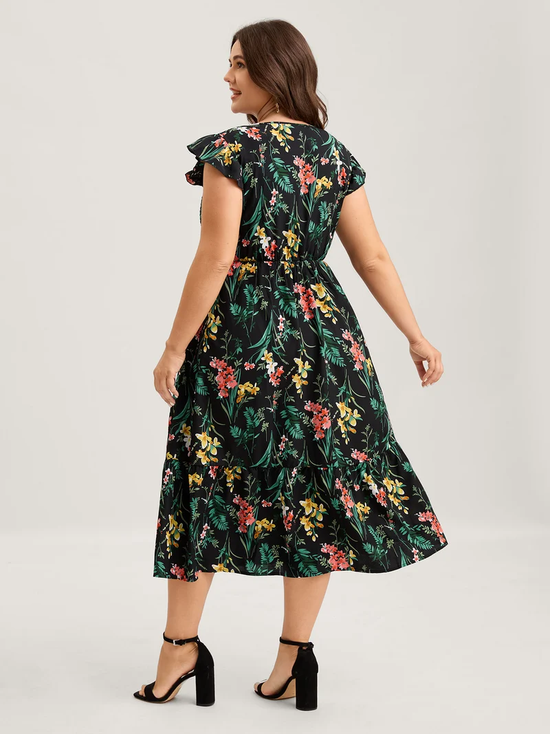 Botanical Print Shirred Bodice Midi Dress