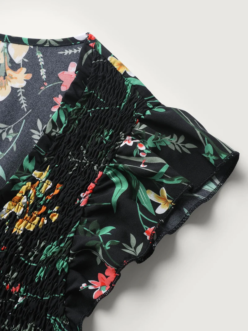 Botanical Print Shirred Bodice Midi Dress