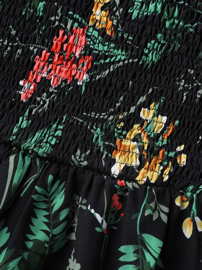 Botanical Print Shirred Bodice Midi Dress