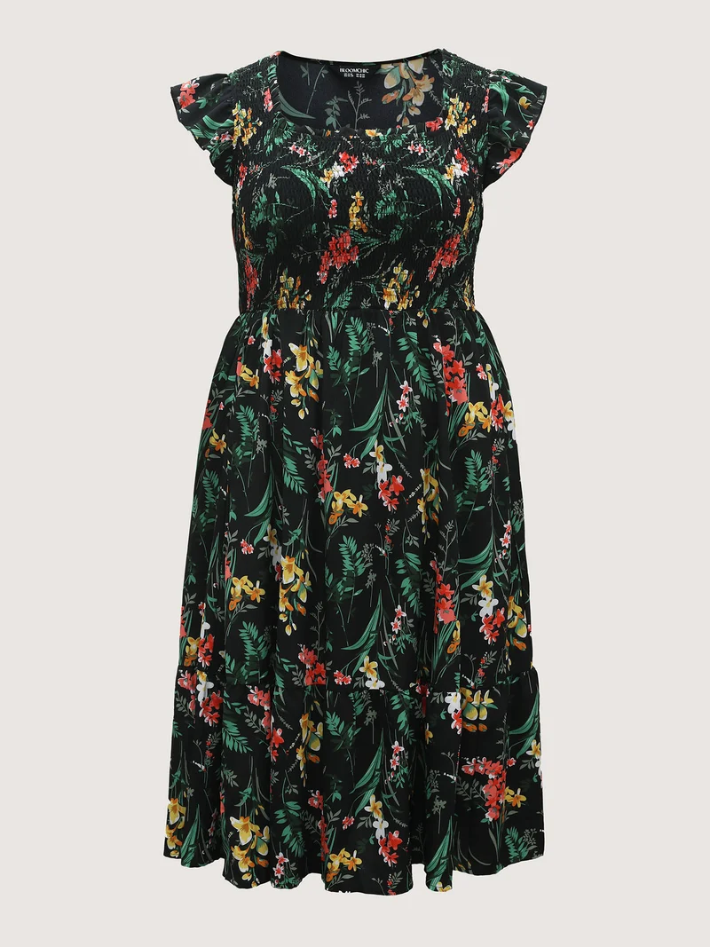 Botanical Print Shirred Bodice Midi Dress