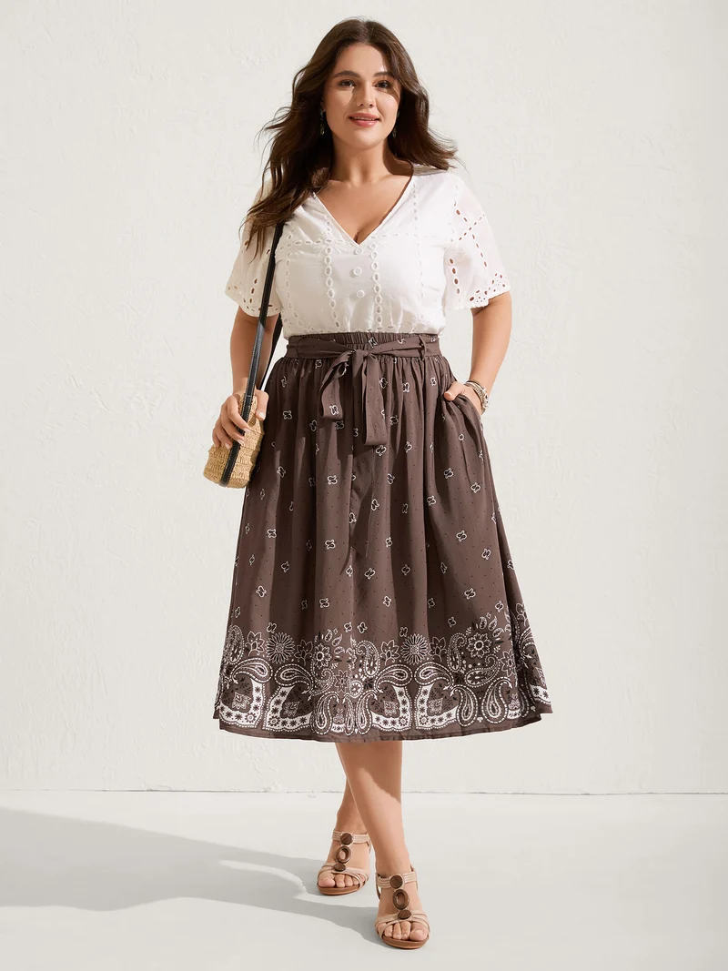 Paisley Print Belted Midi Skirt