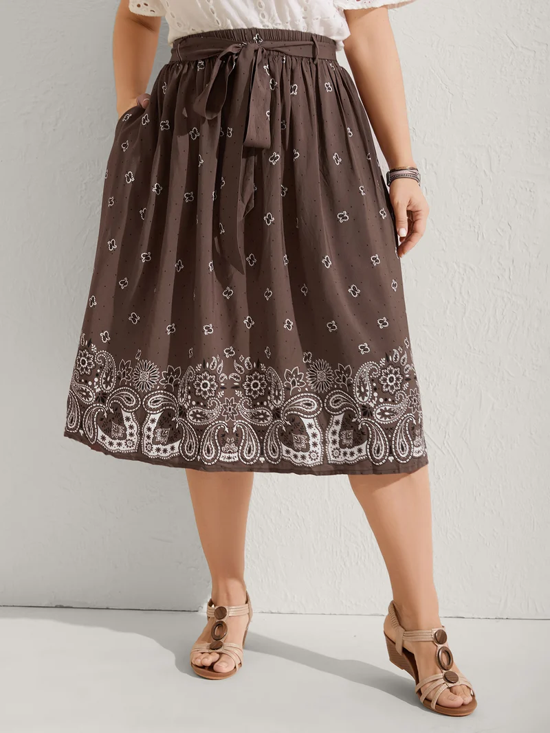 Paisley Print Belted Midi Skirt