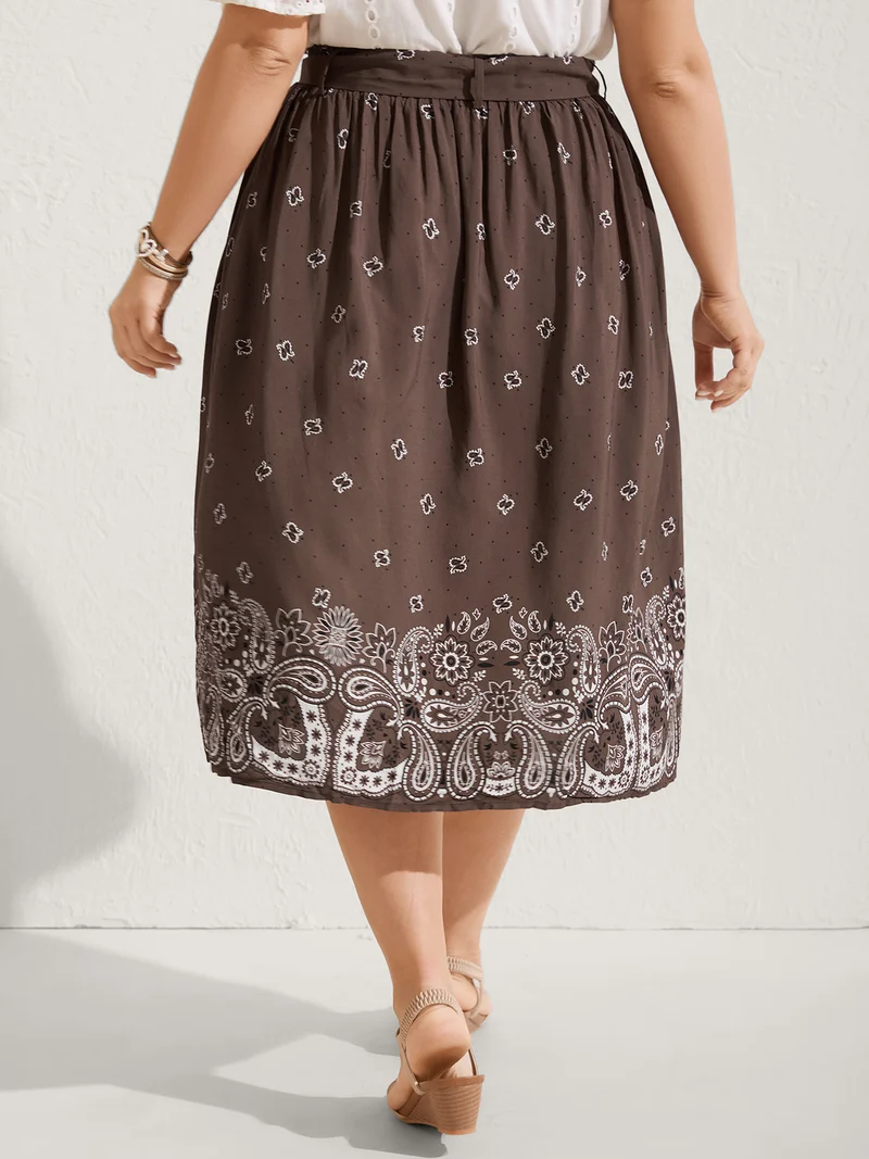 Paisley Print Belted Midi Skirt